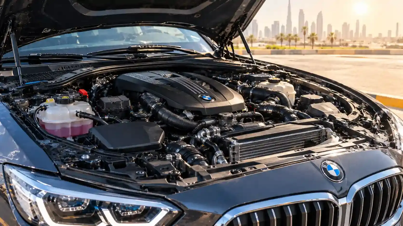 BMW with the bonnet open in an Abu Dhabi workshop during an inspection for common faults