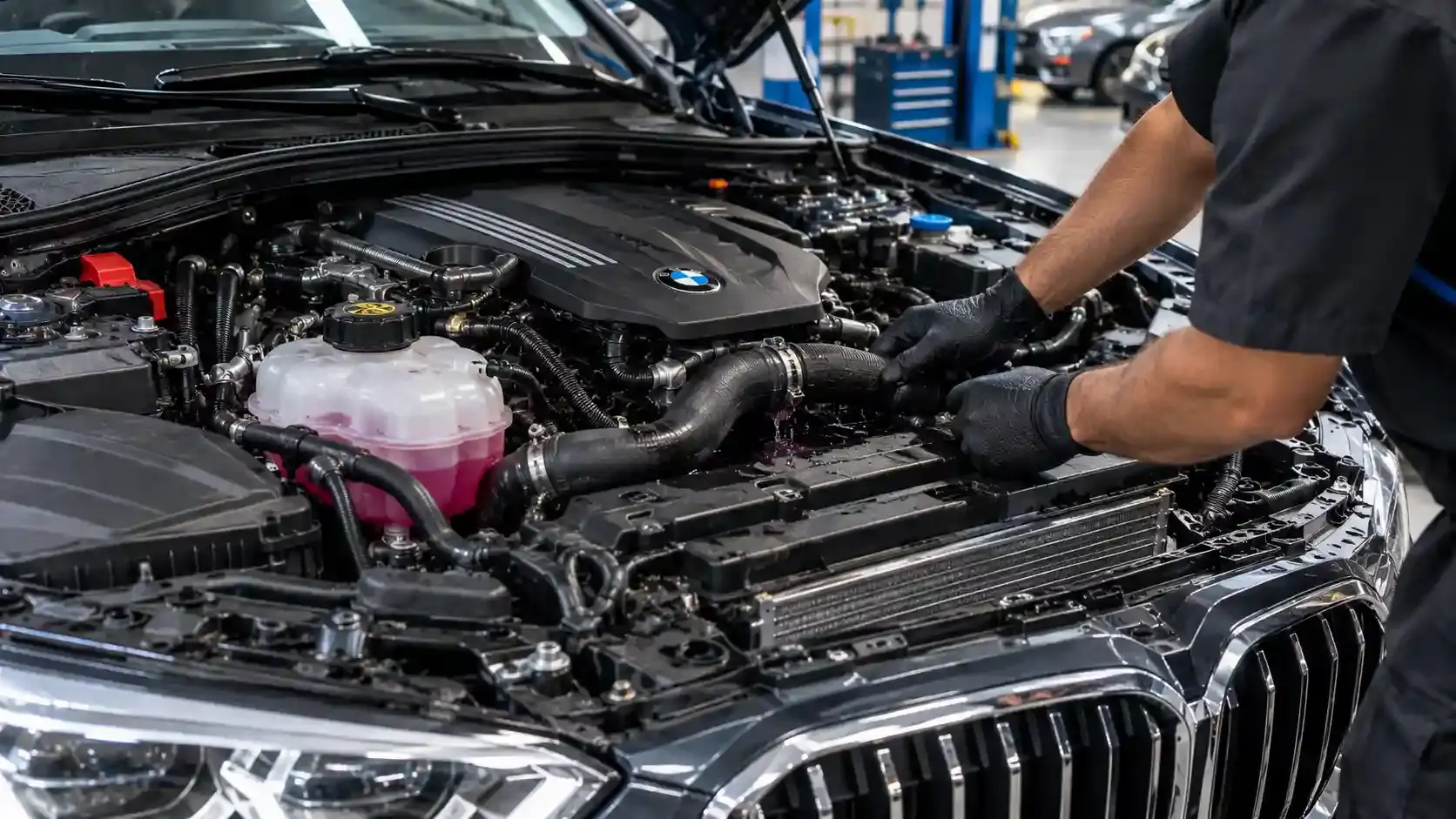 BMW in Abu Dhabi traffic with the engine running hot