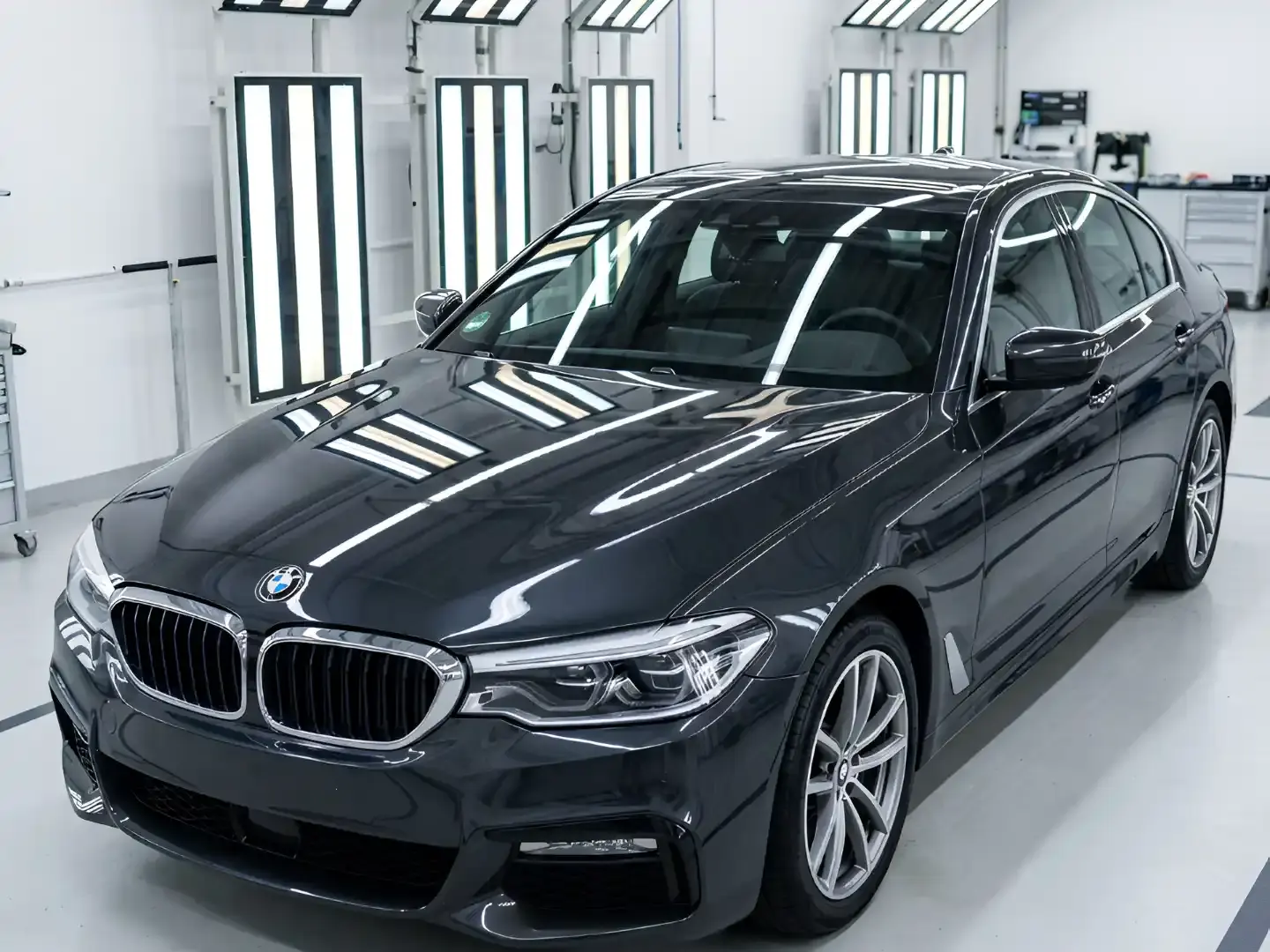 Freshly painted BMW with a glossy finish in the paint shop