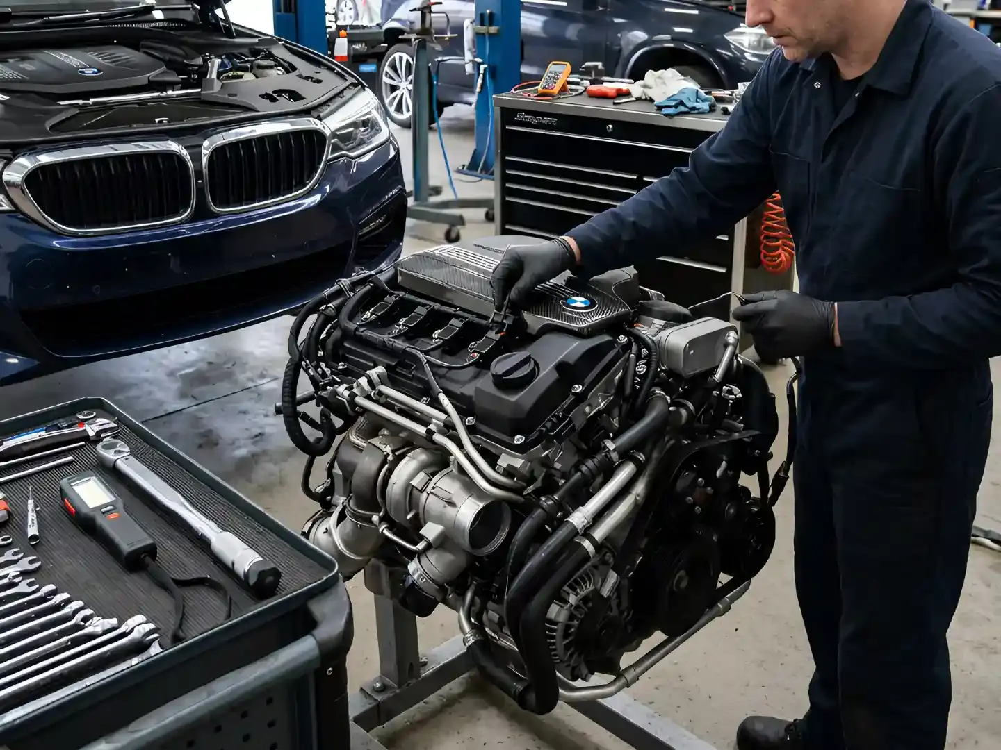 BMW engine removed and mounted on a stand for a rebuild at an Abu Dhabi workshop
