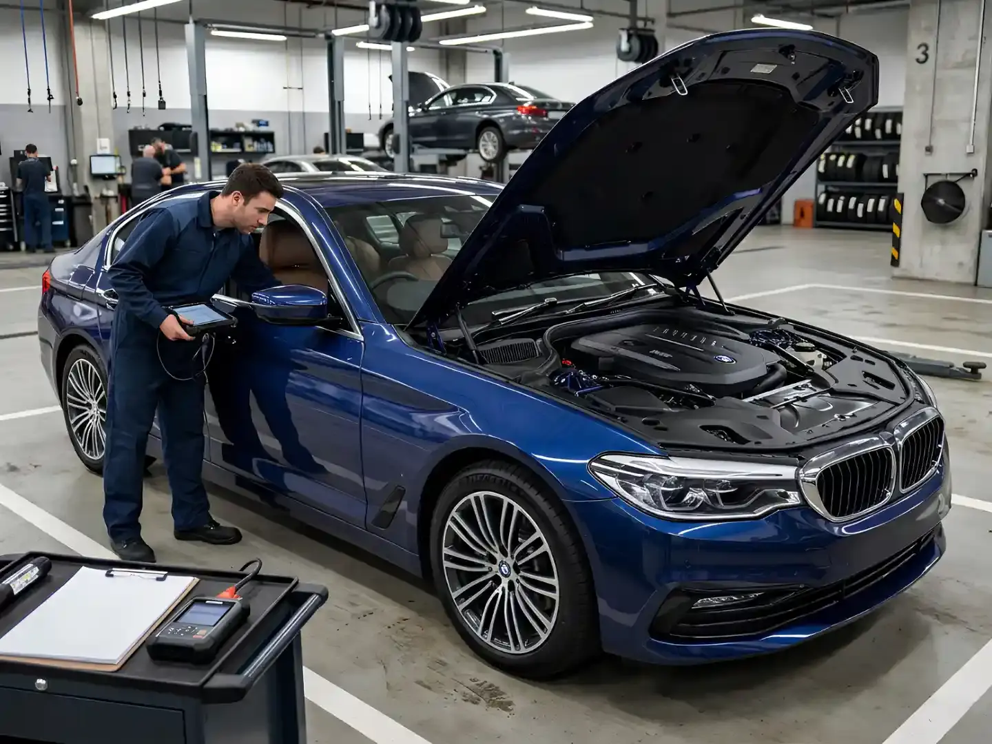 Technician examining the engine bay of a blue BMW before purchase