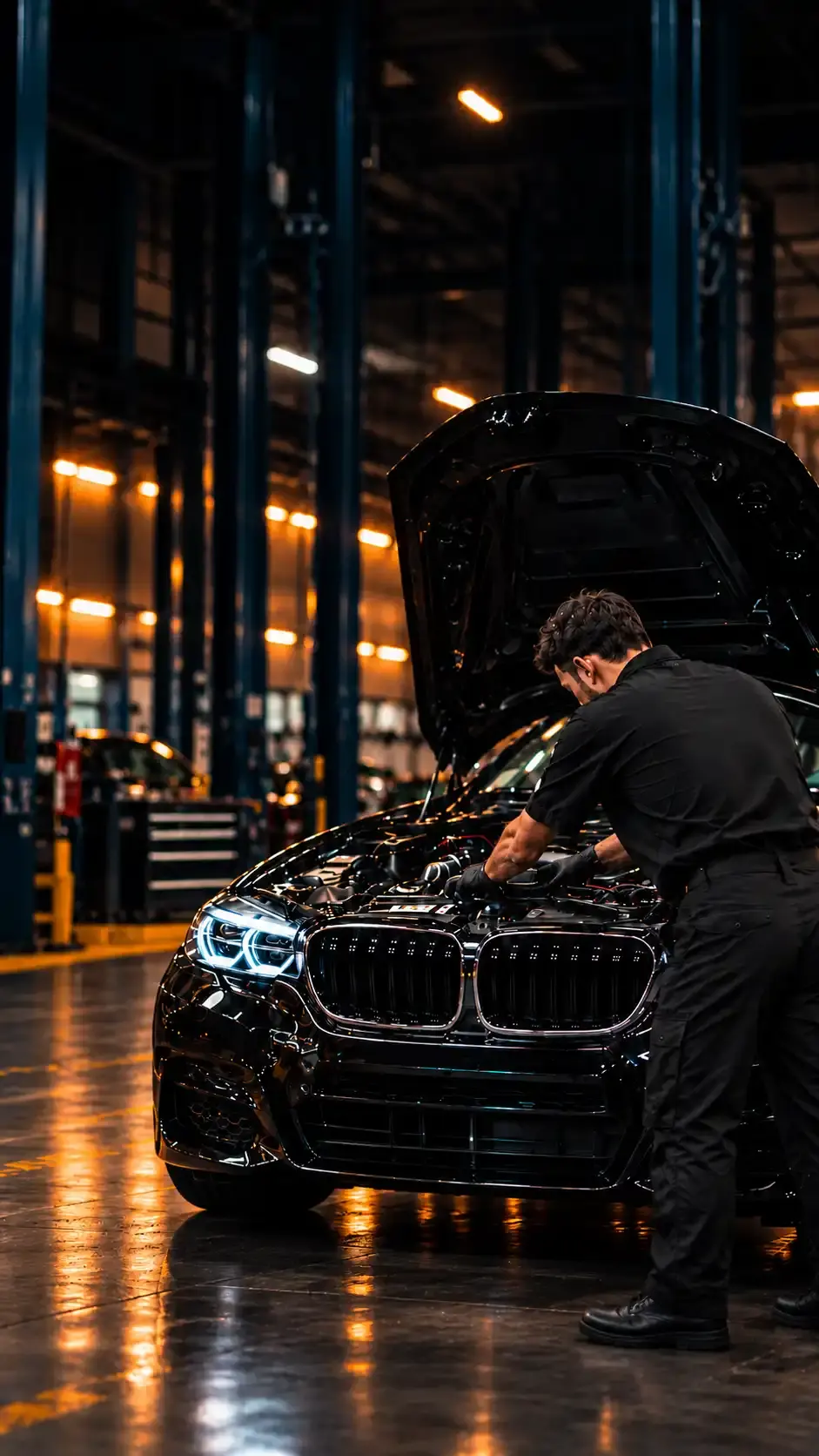 Technician servicing a BMW under the bonnet inside a BMW repair workshop in Abu Dhabi