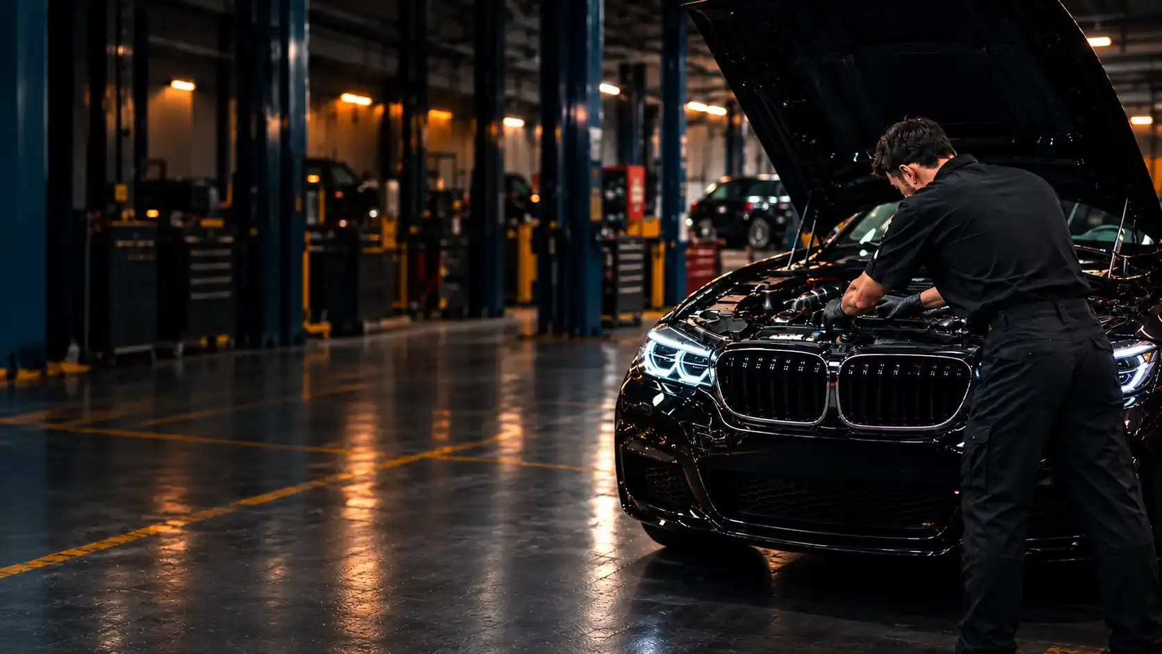Technician servicing a BMW under the bonnet inside a BMW repair workshop in Abu Dhabi