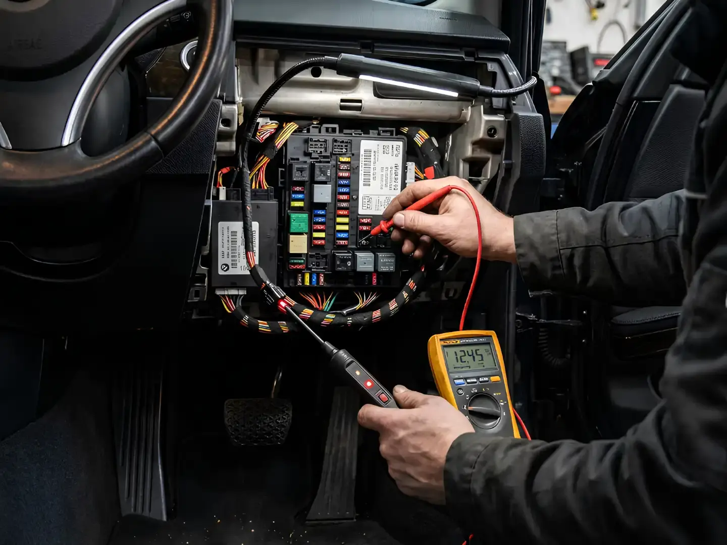 Technician testing a BMW fuse box with a multimeter