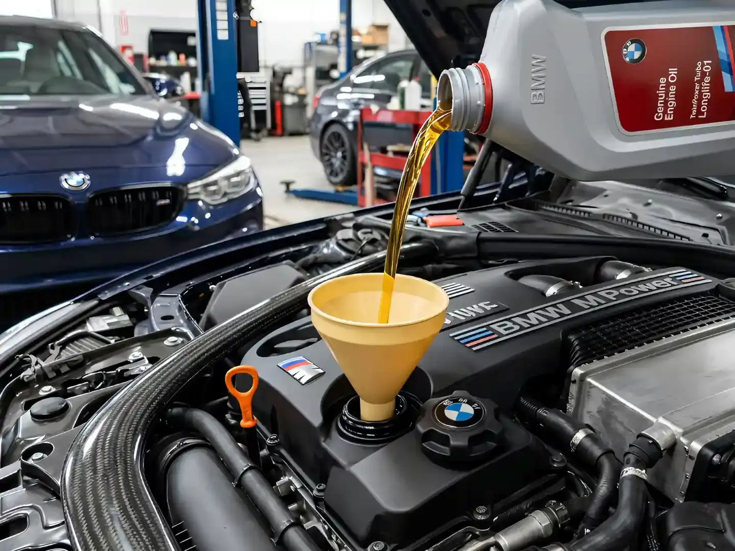 Fresh engine oil being poured through a funnel into a BMW engine