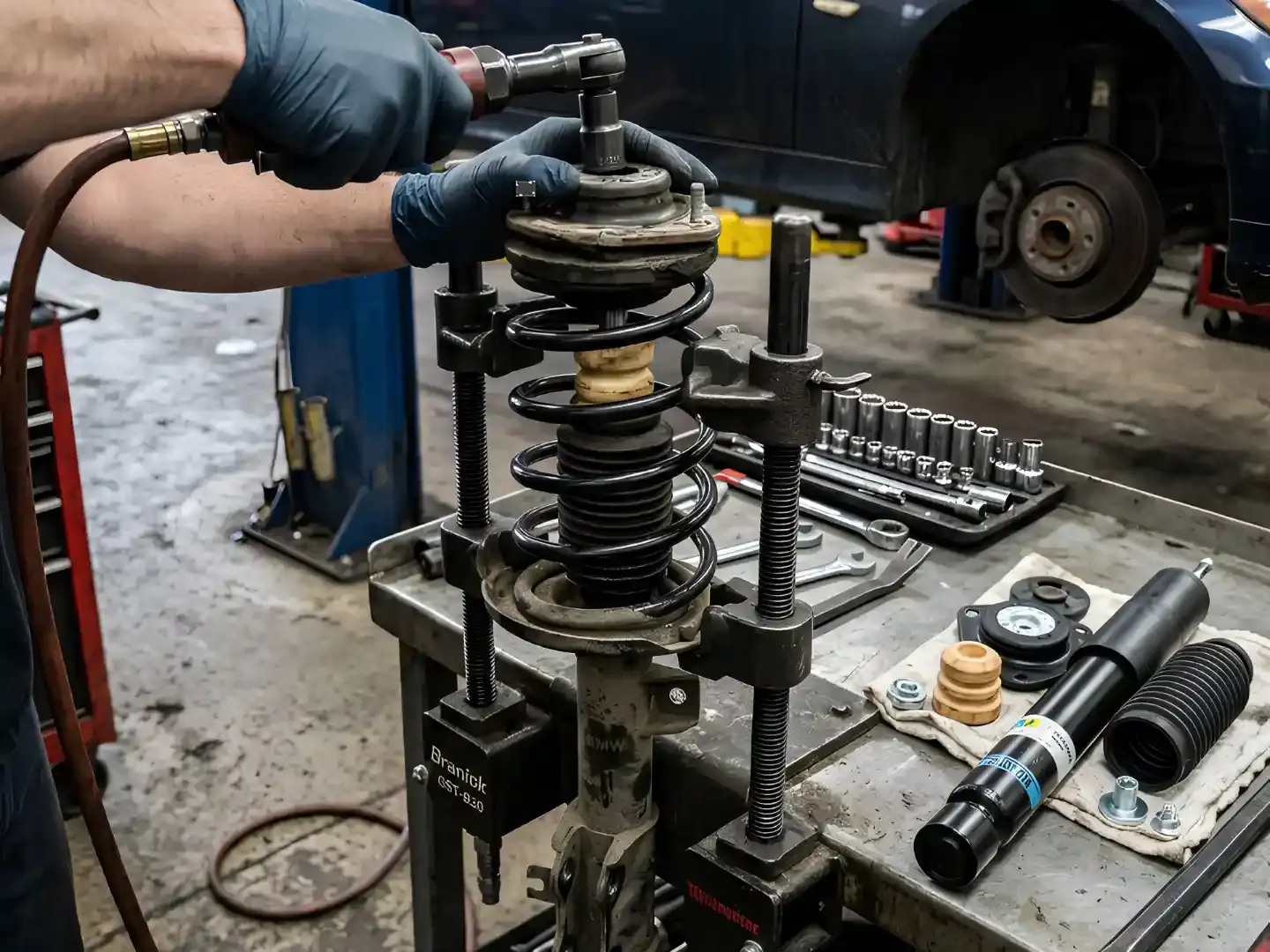 Technician compressing a coil spring on a BMW strut assembly