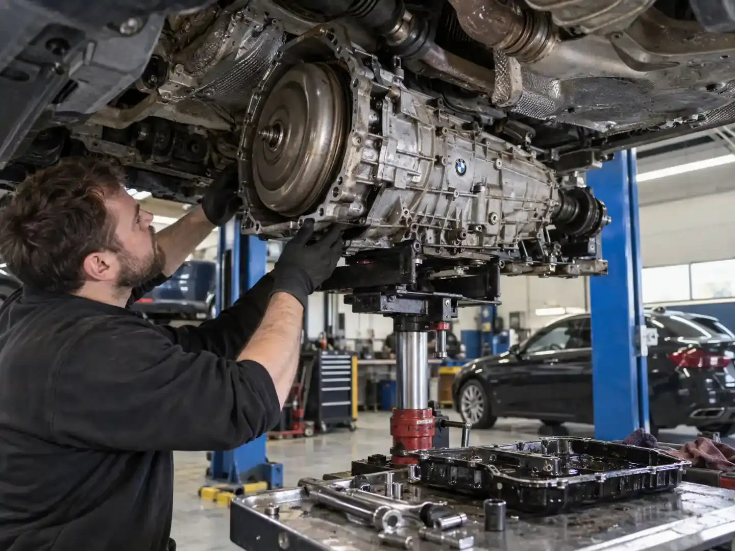 BMW transmission being lowered from a car on a lift for a gearbox rebuild