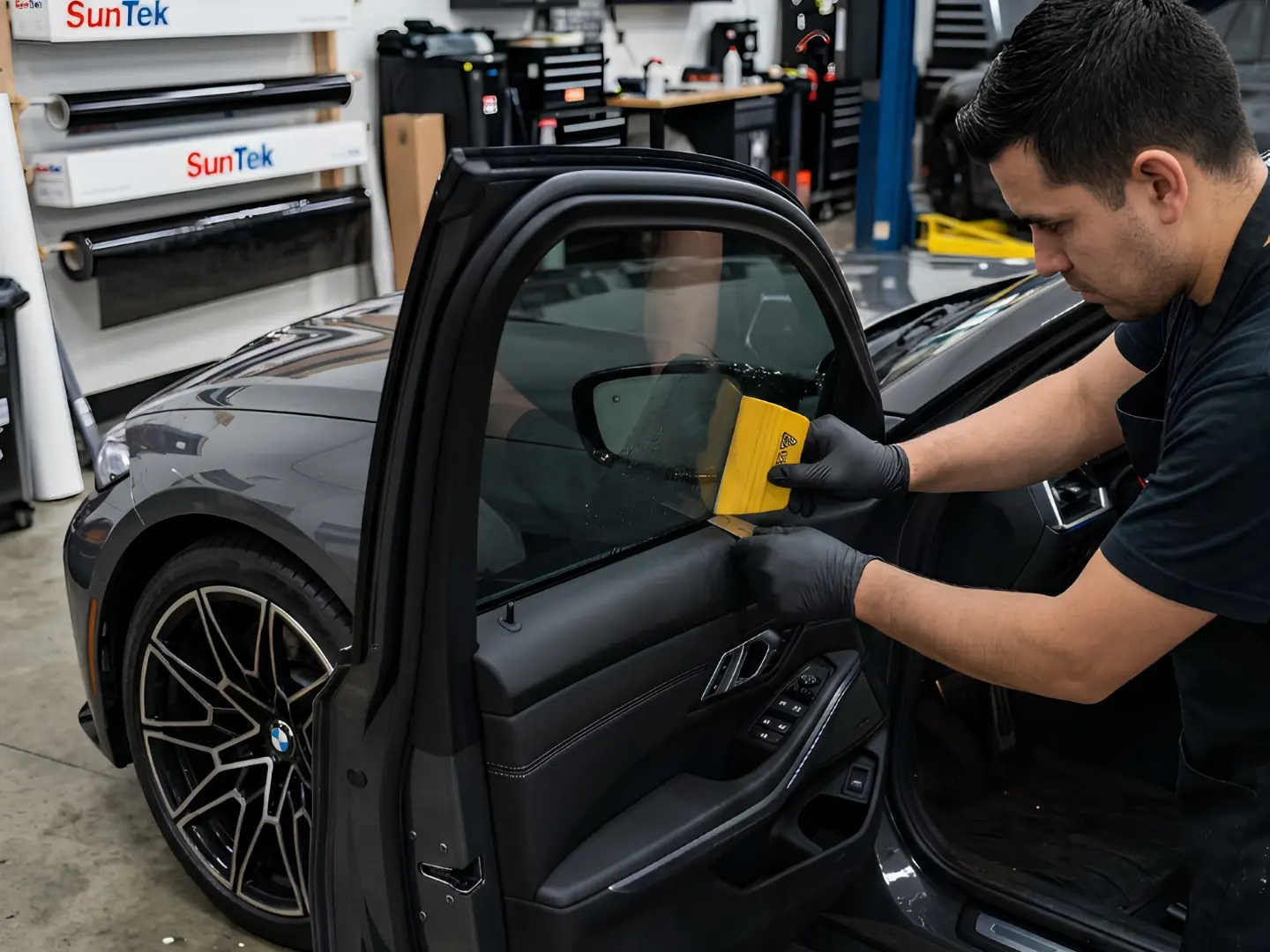 Technician squeegeeing tint film onto a BMW side window